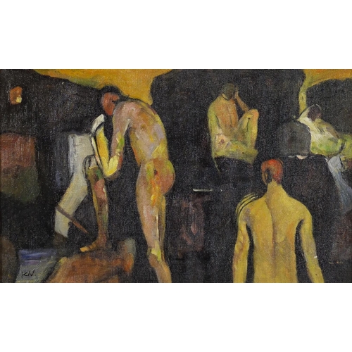 2094 - Nude males, modern British school oil on canvas, bearing a monogram KV, framed, 49cm x 29.5cm
