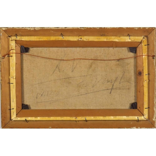 2094 - Nude males, modern British school oil on canvas, bearing a monogram KV, framed, 49cm x 29.5cm