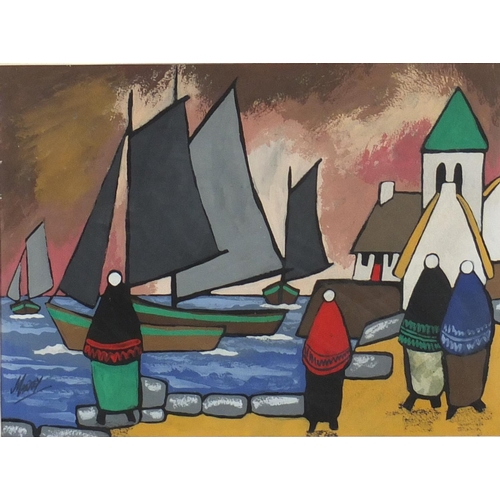 2095 - Figures by water with boats, Irish school gouache, bearing a signature Markey, mounted and framed, 3... 