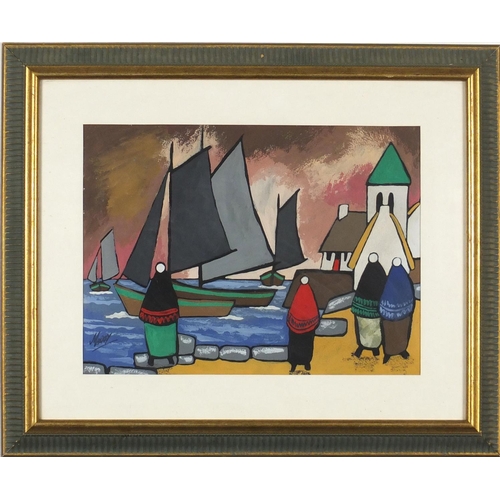2095 - Figures by water with boats, Irish school gouache, bearing a signature Markey, mounted and framed, 3... 