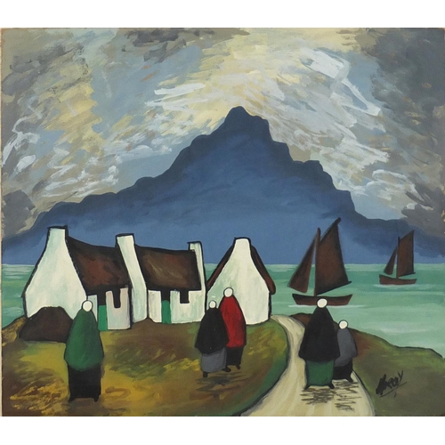 2138 - Figures by cottages and water, Irish school gouache on board, bearing a signature Markey, framed, 40... 