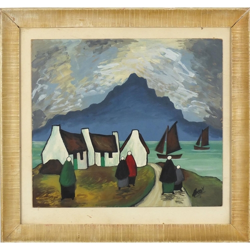 2138 - Figures by cottages and water, Irish school gouache on board, bearing a signature Markey, framed, 40... 