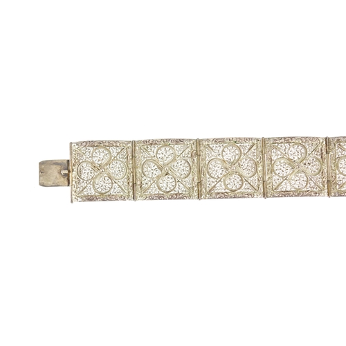 2455 - Norwegian silver coloured metal filigree bracelet, 19cm long, 41.8g
