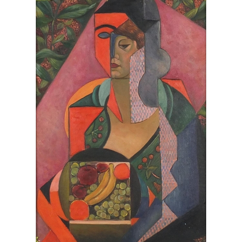 2219 - Abstract composition, cubist portrait with fruit, oil on board, bearing an indistinct inscriptions v... 