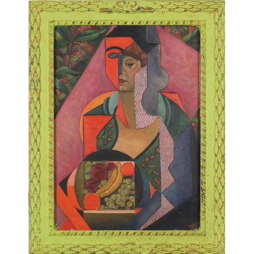2219 - Abstract composition, cubist portrait with fruit, oil on board, bearing an indistinct inscriptions v... 