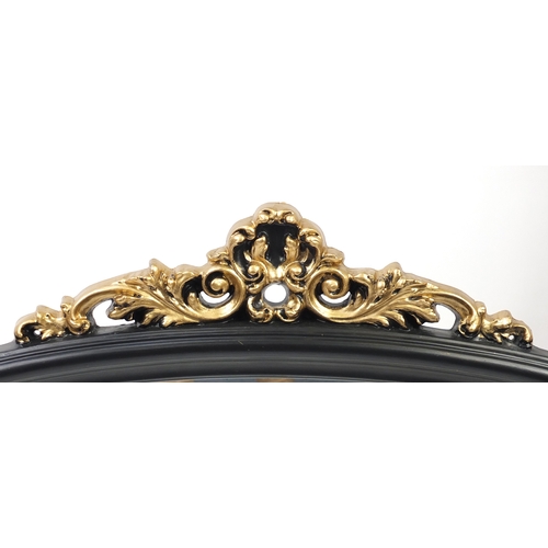 2012 - Italian style black and gold painted over mantel mirror, 90cm H x 118cm W