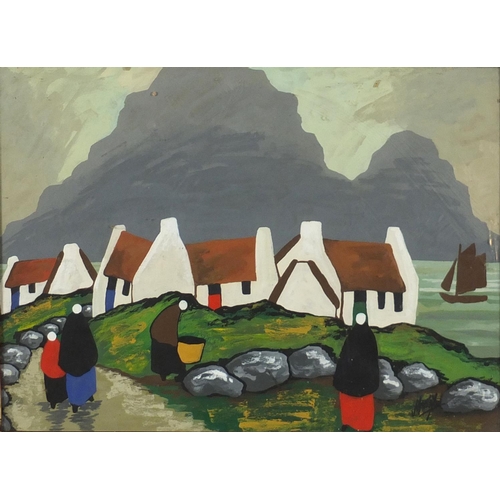 2234 - Figures by cottages before water with boats, Irish school gouache, bearing a signature Markey, mount... 