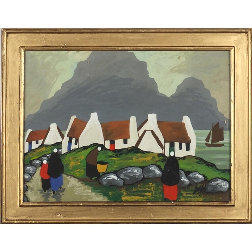 2234 - Figures by cottages before water with boats, Irish school gouache, bearing a signature Markey, mount... 
