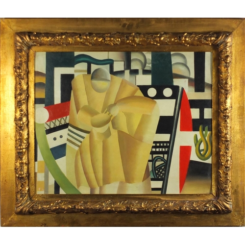 2235 - Abstract composition, surreal figure, oil on figure, bearing a monogram FL, framed, 48.5cm x 40cm