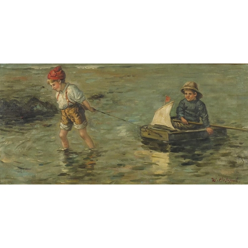 2241 - Two young boys playing in water, oil on board, bearing an indistinct signature possibly W Metaggad, ... 