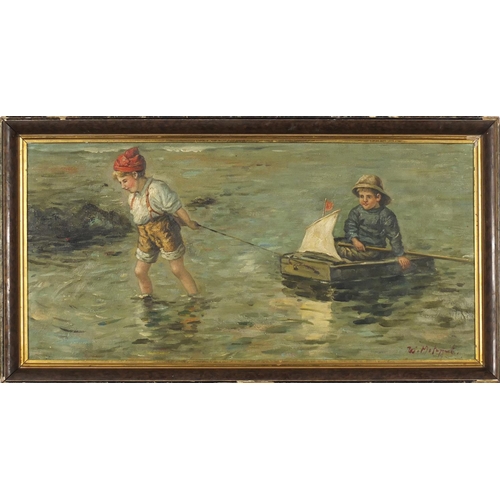2241 - Two young boys playing in water, oil on board, bearing an indistinct signature possibly W Metaggad, ... 