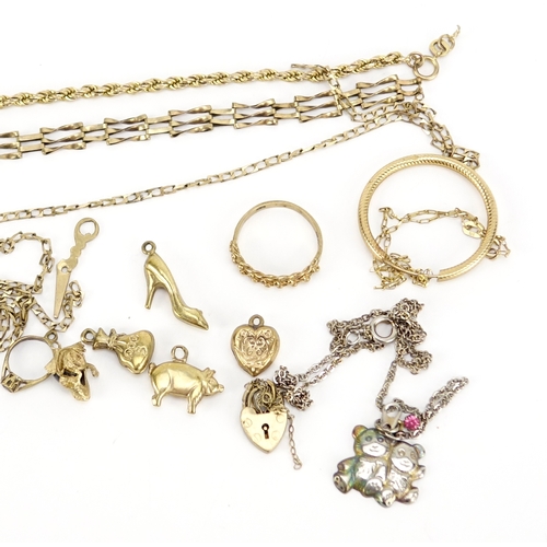 2352 - Broken 9ct gold jewellery including bracelets, charms and earrings, 17.0g and two white metal neckla... 