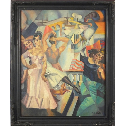 2558 - Figures dancing, French school oil on board, bearing a signature A L Hote, framed, 49.5cm x 39cm