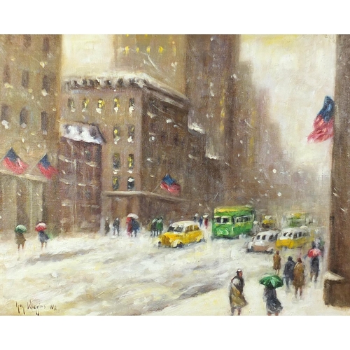 2601 - After Guy Wiggins - New York snowy street scene, oil on board, mounted and framed, 49cm x 40cm