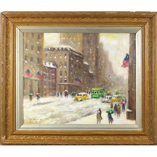 2601 - After Guy Wiggins - New York snowy street scene, oil on board, mounted and framed, 49cm x 40cm