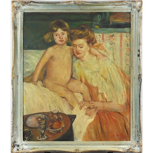 2602 - Mother and child in an interior, French impressionist oil on board, bearing a signature S Picard, fr... 