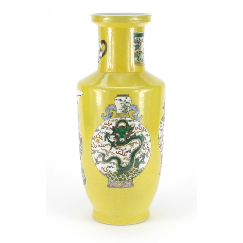 408 - Chinese porcelain Rouleau vase, hand painted in the famille verte palette with vases, brush pot and ... 