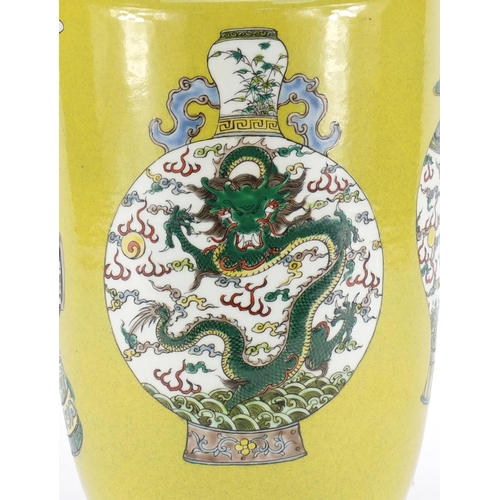 408 - Chinese porcelain Rouleau vase, hand painted in the famille verte palette with vases, brush pot and ... 