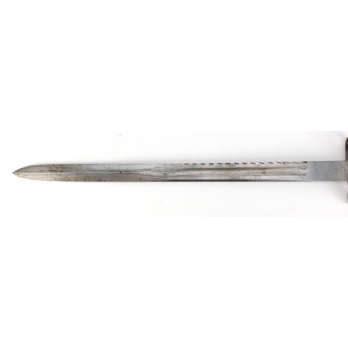 321 - German Military interest saw back bayonet with scabbard, impressed marks to the blade, 63.5cm wide