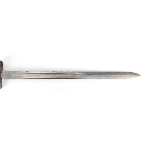 321 - German Military interest saw back bayonet with scabbard, impressed marks to the blade, 63.5cm wide