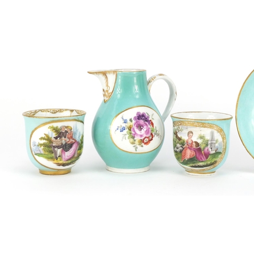 786 - 19th century Meissen teaware including two tea cups and a saucer hand painted with lovers, blue cros... 