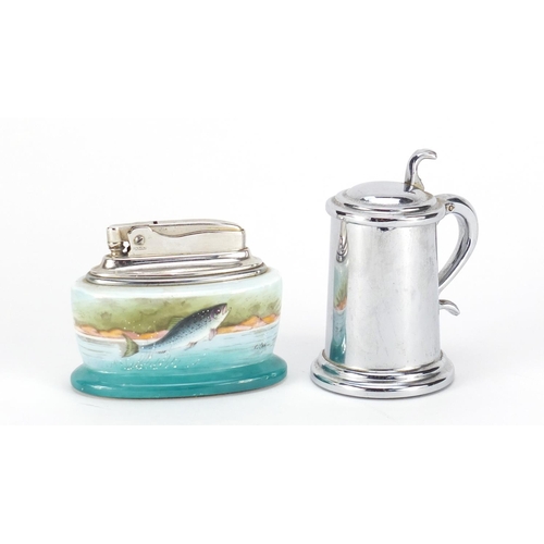 94 - Dunhill chrome table lighter in the form of a tankard and a Minton example hand painted with fish by... 