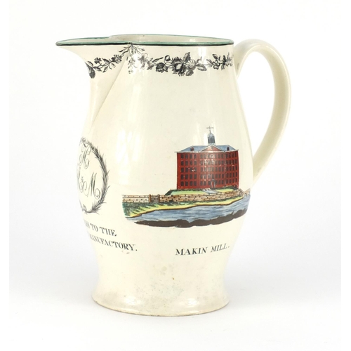 750 - Late 18th/early 19th century creamware jug, decorated with a view of Makin Mill, inscribed Success t... 