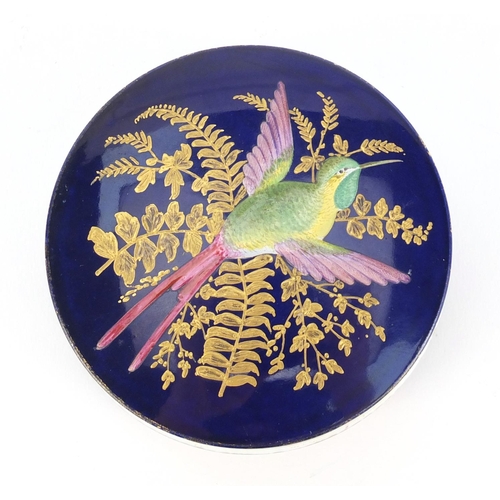 792 - 19th century continental porcelain pot and cover, hand painted with a humming bird onto a cobalt blu... 