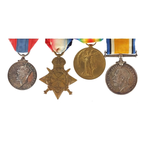 277 - British Military World War I medal group and brass Mary tin including including a trio awarded to 13... 