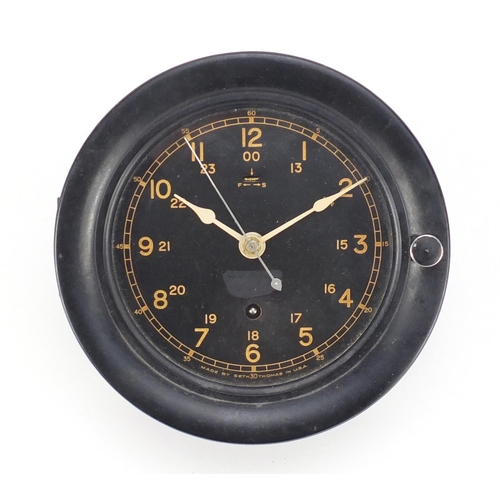 298 - US Navy ships bulk head design clock by Seth Thomas with Arabic numerals, 19.5cm in diameter