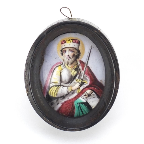 112 - Antique Russian enamel icon hand painted with a St Joseph, housed in an ebonised framed, script to t... 