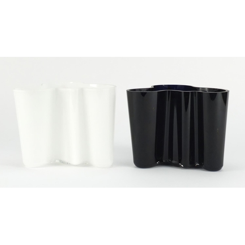 810 - Two Finnish litallia Savoy glass vases by Alvar Aalto, one deep blue and one white, etched marks to ... 