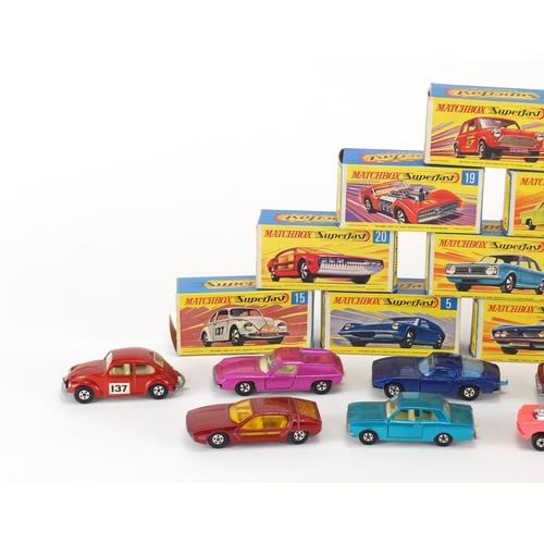 344 - Ten vintage Matchbox Superfast die cast vehicles with boxes comprising numbers no.5, no.8, no.14, no... 