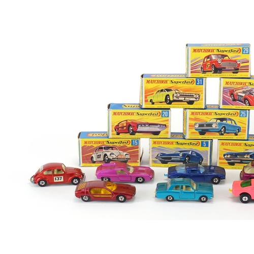 344 - Ten vintage Matchbox Superfast die cast vehicles with boxes comprising numbers no.5, no.8, no.14, no... 