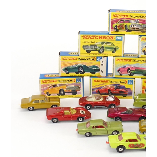 345 - Ten vintage Matchbox Superfast die cast vehicles with boxes comprising numbers no.36, no.36, no.45, ... 