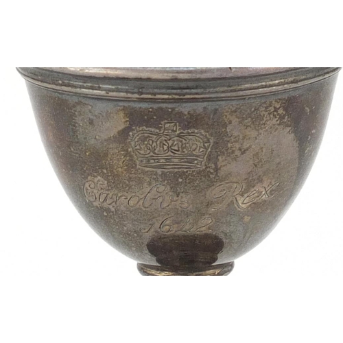 890 - Antique unmarked silver communion cup, engraved Carolus Rex 1642, 9.2cm high, 95.6g