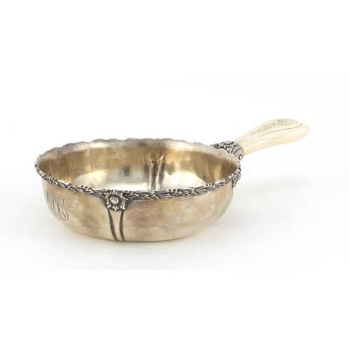 869 - 19th century sterling silver chrysanthemum porringer by Tiffany & Co, with carved ivory handle, 22cm... 