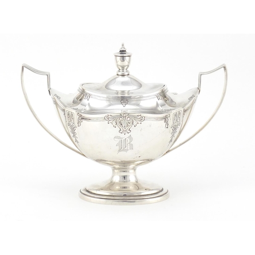 888 - Sterling silver twin handled sugar bowl and cover, Birmingham hallmarked, 13.5cm H x 20.5cm W, 379.5... 