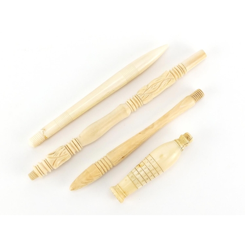 102 - 19th century carved ivory calculator quill knife and tamper, together with three ivory gavel handles... 