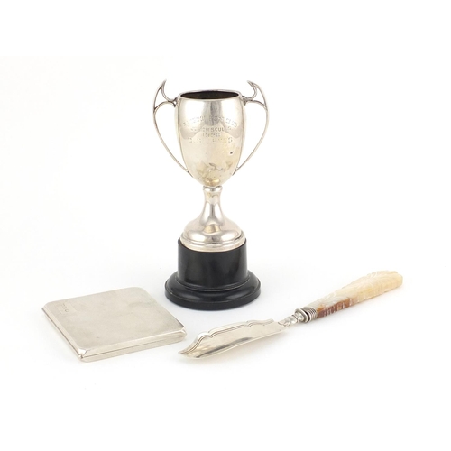 949 - Silver items including a rectangular cigarette case and a twin handled trophy on stand, various hall... 