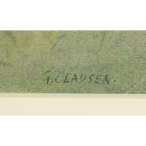 1246 - Attributed to George Clausen - Hayricks, signed mixed media, Philadelphia stamp verso, mounted and f... 