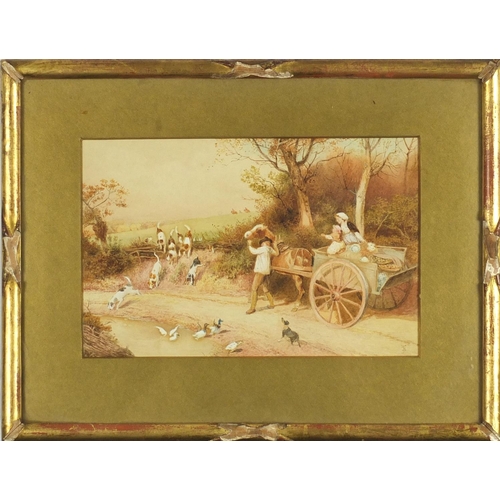 1263 - Myles Birket Foster - Horse and cart startled by the hunt, watercolour, mounted and framed, 21.5cm x... 