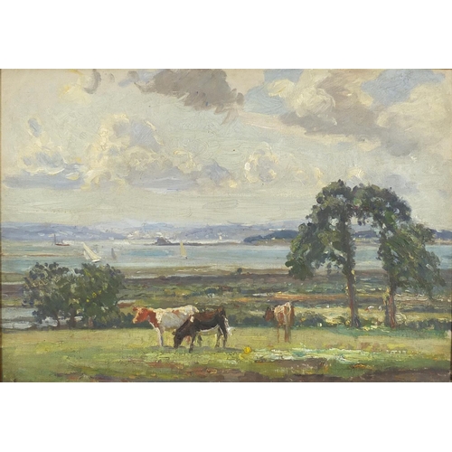 1449 - Estuary with cows in the foreground, English school impressionist oil on canvas laid on board, frame... 