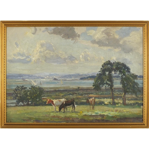 1449 - Estuary with cows in the foreground, English school impressionist oil on canvas laid on board, frame... 