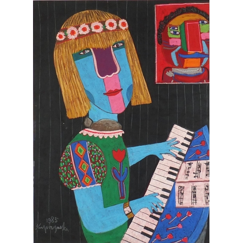 1257 - Attributed to Zbigniew Stanley Kupczynski - Female playing a keyboard, mixed media, inscribed verso,... 