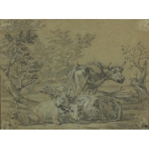 1252 - Manner of Albert Cuyp - Cows in a landscape, antique black chalk, inscribed verso, framed, 24cm x 18... 