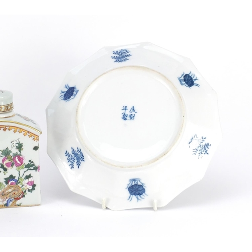 2320 - Chinese porcelain including a blue and white plate and a tea caddy, hand painted with flowers, the l... 