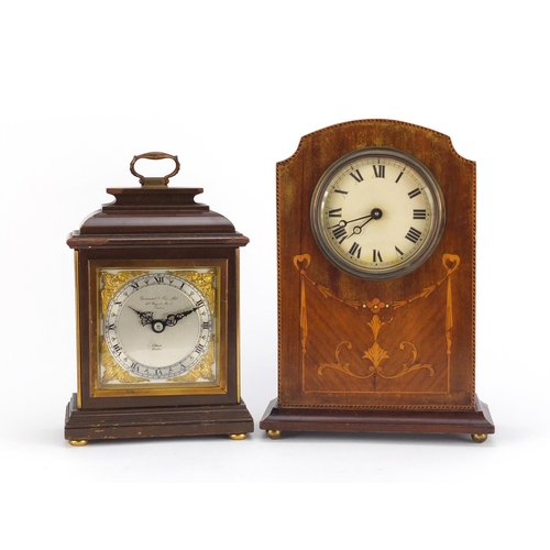 2310 - Two mantel clocks comprising an Edwardian inlaid mahogany example and an Elliott clock retailed by G... 
