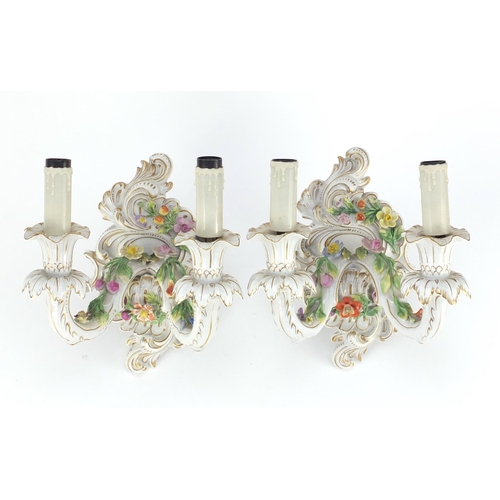 2371 - Pair of German porcelain floral encrusted two branch wall sconces by Dresden, each 23cm high