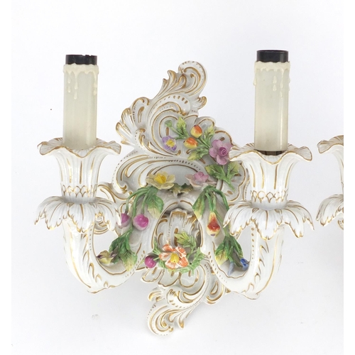 2371 - Pair of German porcelain floral encrusted two branch wall sconces by Dresden, each 23cm high
